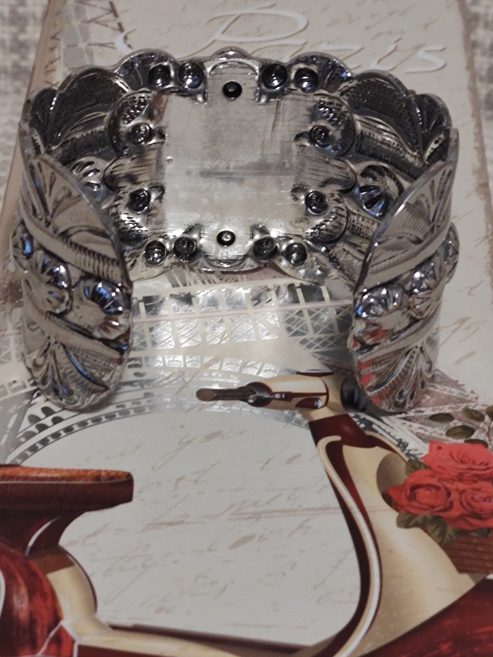 White Stone Flower Cuff Bracelet - Silver Tone - Picture 4 of 6